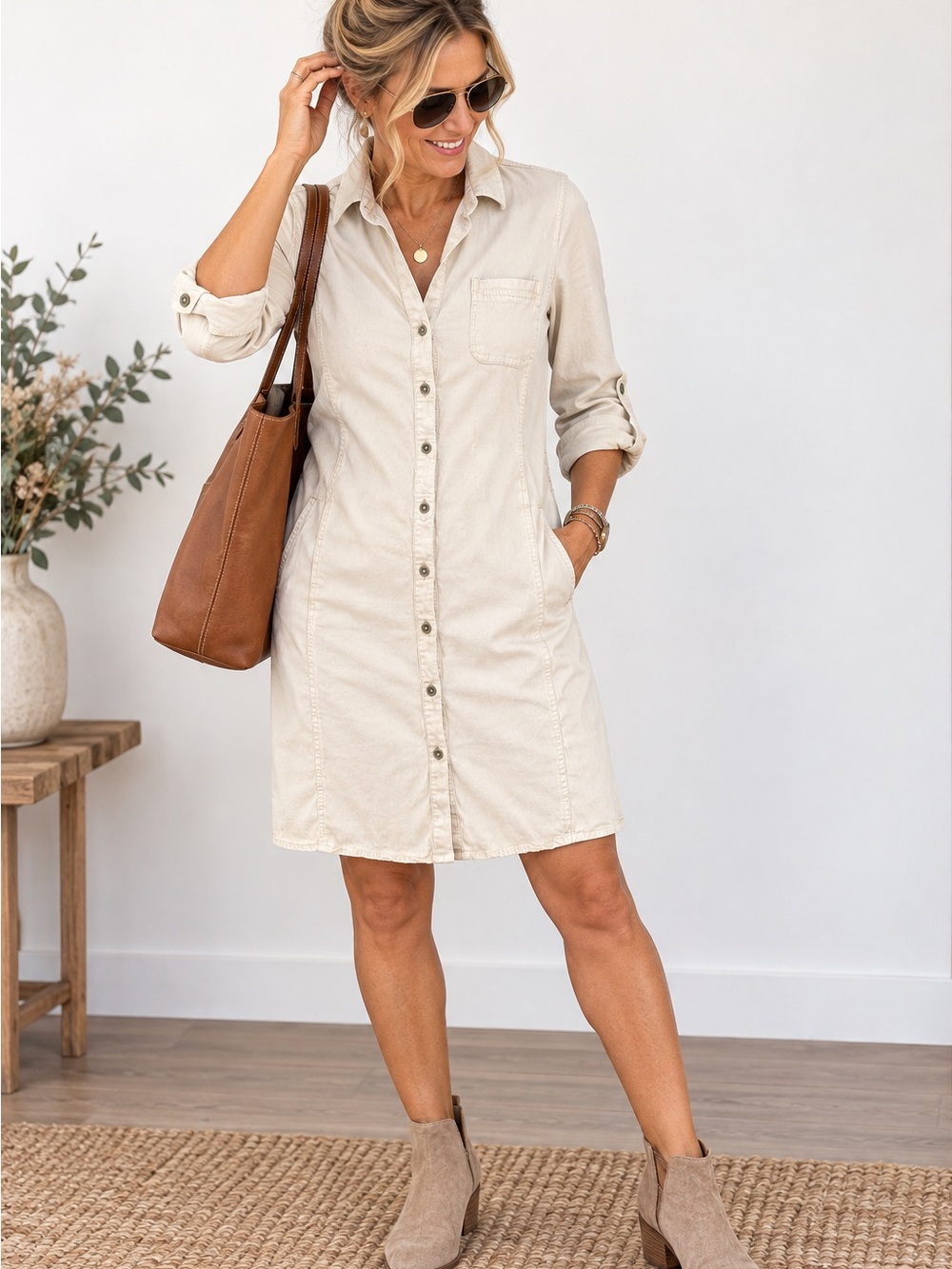 J.Jill Wearever button-front shirtdress in a soft cream/ivory neutral